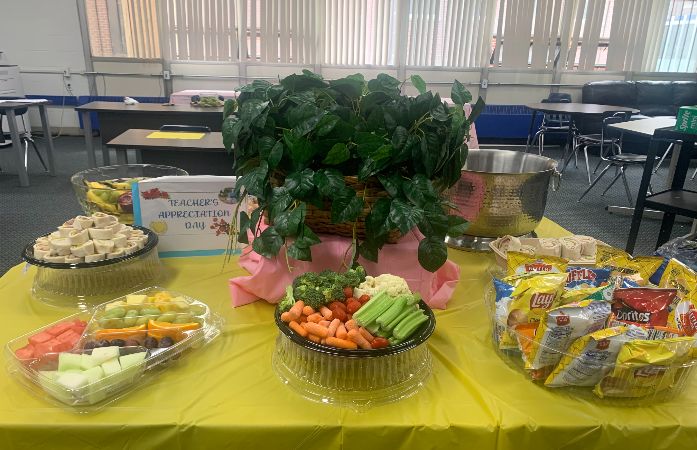 Table of appreciation snacks and treats prepared for teachers